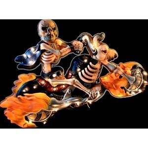 Halloween Animated 40" Skeleton Riding Motorcycle, Lights Up & Moves - Bikercore
